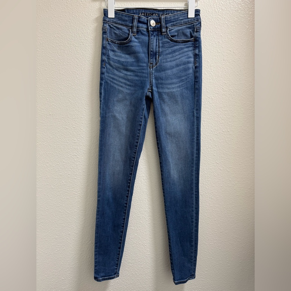 American Eagle Hi-Rise Jegging Jeans Distressed Denim Stretch Womens 2 Long